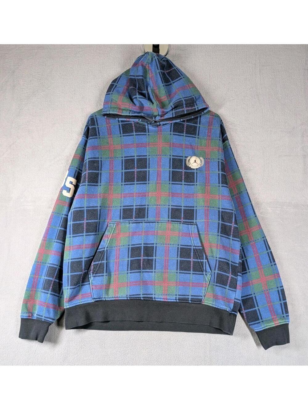 Jordan Mens Medium Blue Plaid Hoodie Pullover Fleece Streetwear Jumpman Logo
